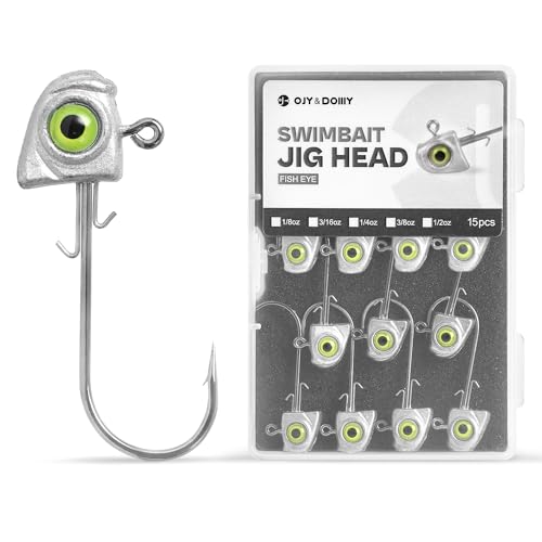 OJY&DOIIIY Swimbait Jig Heads with Chartreuse Fish Eye, 1/8 3/16 1/4 3/8 1/2oz Jigheads for Freshwater&Saltwater Fishing 10/15 Pack - color: Unpainted, size: 1/8oz - 15PCs