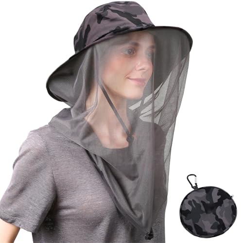 Flammi Mosquito Net Hat Safari Hat UPF 50+ Sun Protection Boonie Hats for Men with Neck Flap Fishing Hiking Hat for Men/Women - color: Camo-dark Grey