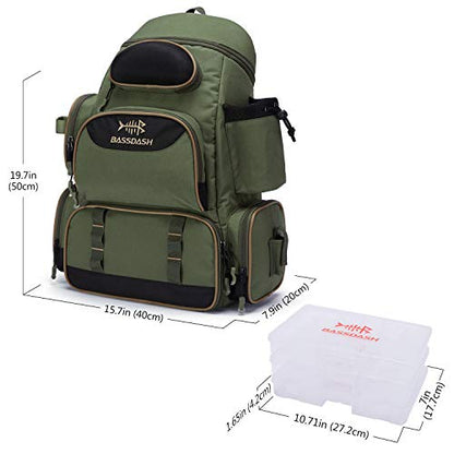 BASSDASH Fishing Tackle Backpack Water Resistant Tactical Bag Soft Tackle Box with Rod Holder and Protective Rain Cover - color: Green Backpack [3600] With 3 Trays