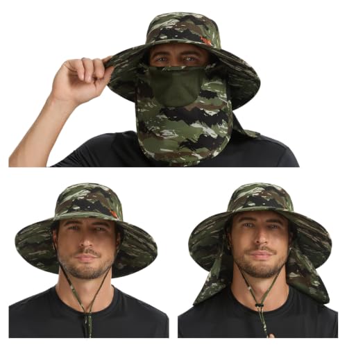 BASSDASH UPF 50+ Breathable Sun Hat with Removable Face Cover and Neck Flap Wide Brim Bucket Hat for Fishing Hiking Men Women - color: Mountain Stripes