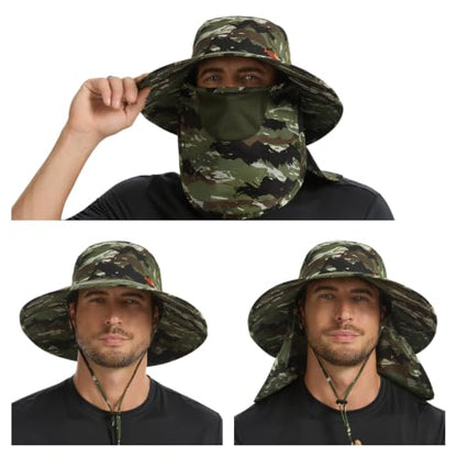 BASSDASH UPF 50+ Breathable Sun Hat with Removable Face Cover and Neck Flap Wide Brim Bucket Hat for Fishing Hiking Men Women - color: Mountain Stripes