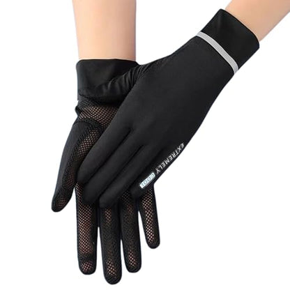 Women Sun Gloves UPF 50+ UV-Protection, Summer 2-Fingers-Flip Thin Ice-Silk Breathable Mesh Cooling Running Gloves - color: Black