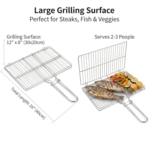 Stainless Steel Fish Grill Basket for Outdoor BBQ, Heavy Duty Lockable Grilling Rack for Fish Vegetables Steak Veggies Shrimp Meat, Portable Campfire Cooking Mesh Grate Tool, 12 x 8 Inch