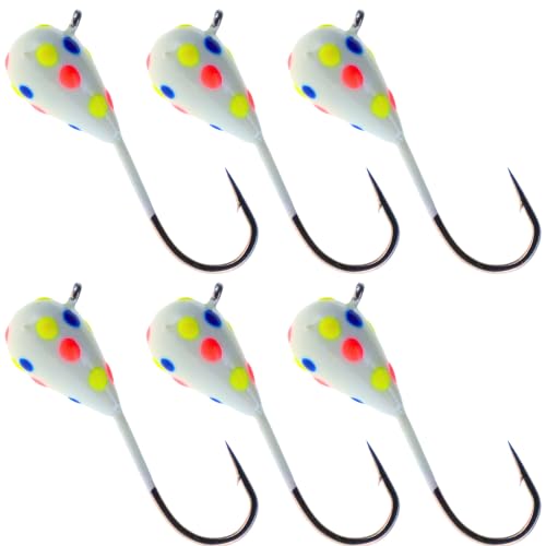 Reaction Tackle Tungsten Ice Fishing Jigs, Tear Drop Jig Heads that Glow with UV Light for Panfish, Crappie, Walleye, Perch, Trout and Bluegill - color: Wonder Glow Spots 6-pcs, size: 6 mm Long