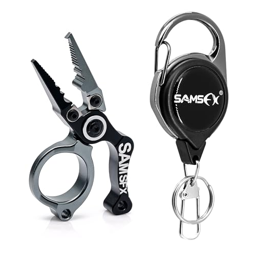 SAMSFX Mini Fishing Pliers with Fly Fishing Zinger Retractor, Fish Hook Remover Tool, Split Ring Pliers for Saltwater & Freshwater, Tungsten Carbide Cutters, Fishing Gear Gift for Anglers - color: Silvery