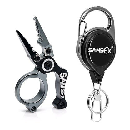 SAMSFX Mini Fishing Pliers with Fly Fishing Zinger Retractor, Fish Hook Remover Tool, Split Ring Pliers for Saltwater & Freshwater, Tungsten Carbide Cutters, Fishing Gear Gift for Anglers - color: Silvery