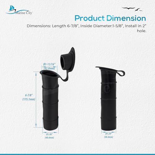 MARINE CITY Black Liner Injection Molded PVC Rod Holder with Cover, Water-Resistant, Durable, Easy to Install, for Yachts, Boats, Kayaks & More
