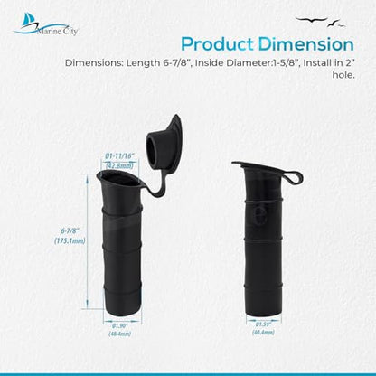 MARINE CITY Black Liner Injection Molded PVC Rod Holder with Cover, Water-Resistant, Durable, Easy to Install, for Yachts, Boats, Kayaks & More
