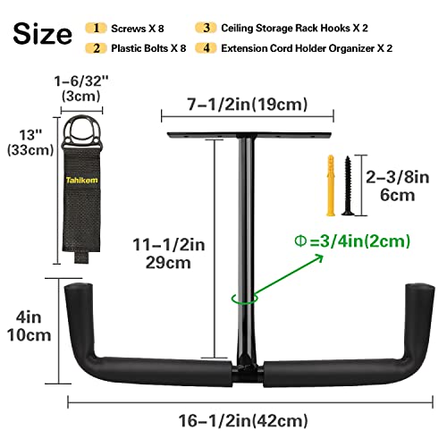 2 Set Overhead Garage Storage Rack, Heavy Duty Overhead Storage Double Hook, Ceiling Mount Hanger Safe Racks Hooks, Hanging for Lumber Ladder Storage & Other Bulky Items (Pack of 2 - Black) - size: Width 16.5in/42cm 2 pack