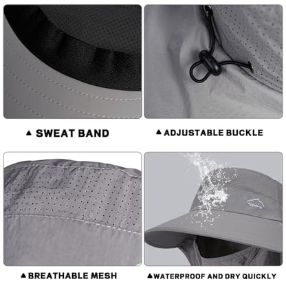 Rosoz Sun Hat for Men Women with Neck Flap,Wide Brim UPF50+ Fishing Hat with Detachable Face Cover Outdoor Sun Protection Hat - color: 1pack-dark Grey
