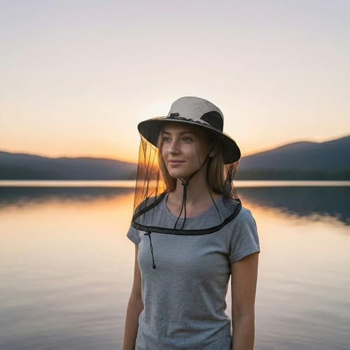 Mosquito Fishing Safari Mesh Net Hat with Neck Flap, Sun Protection Women Men Bug Cap, Hidden Netting Boonie - color: Light Gray Black
