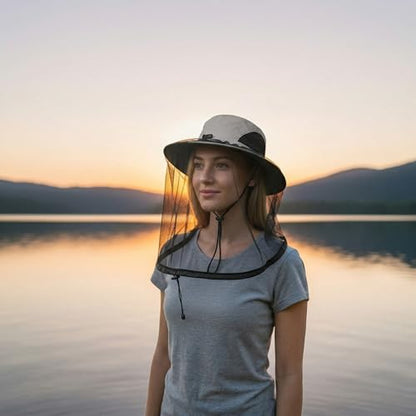Mosquito Fishing Safari Mesh Net Hat with Neck Flap, Sun Protection Women Men Bug Cap, Hidden Netting Boonie - color: Light Gray Black