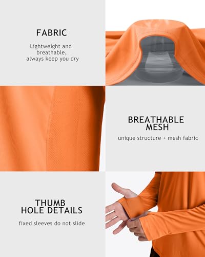 Roadbox UPF 50+ Men's Hooded Fishing Shirts, Long Sleeve UV Sun Protection Hoodie Hiking Running Swim Rash Guard with Mask - color: Orange, size: Medium