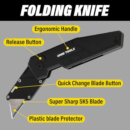 Heavy Duty Folding Utility Knife with 5 Replacement Blades, Quick Change Razor Box Cutter, Ergonomic Handle, Portable Pocket Cutter for Cardboard, Drywall, Plastic, Rope, Carpet and DIY Projects - color: Mat Black