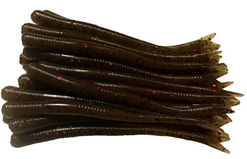 20 Pcs 4-1/2" Drop Shot Finesse Worms (Scent, Float), Soft Plastic Worms, Bass Fishing Worms - color: Green Pumpkin/Red Flakes