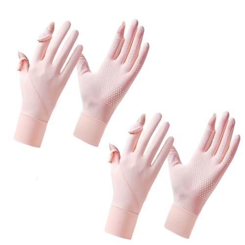 2 Pairs Women's UV Sun Protection Sunblock Gloves Full Finger Breathable Non-Slip Touchscreen Driving Gloves - color: Pink