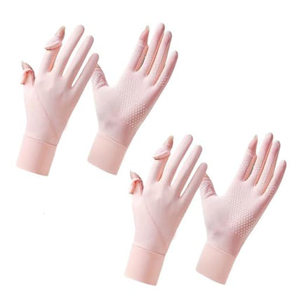 2 Pairs Women's UV Sun Protection Sunblock Gloves Full Finger Breathable Non-Slip Touchscreen Driving Gloves - color: Pink