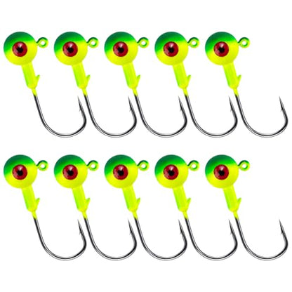 Alwonder 10-Pack Round Fishing Jig Heads, Bass Ball Jigs Hooks 3D Eyes High Carbon Steel 1/8-1/2OZ Pompano Jig Head Saltwater Freshwater Jigs Heads for Fishing Pompano Bass Trout Walleye Striper - color: Green, size: 1/8oz