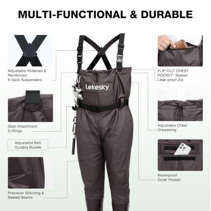 Lekesky Fly Fishing Chest Waders with Boots for Men Women, US Sizes 5–14,2-Ply Nylon/Pvc Waterproof Waders - color: Brown, size: M12