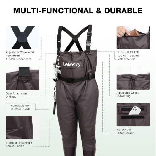 Lekesky Fly Fishing Chest Waders with Boots for Men Women, US Sizes 5–14,2-Ply Nylon/Pvc Waterproof Waders - color: Brown, size: M9/W11