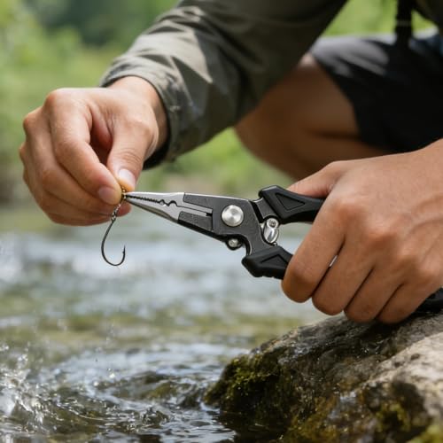 Aluminum Fishing Pliers, Stainless Steel Hook Remover, Tungsten Carbide Cutters, Serrated Jaws, TPR Ergonomic Handle, Includes Sheath and Lanyard