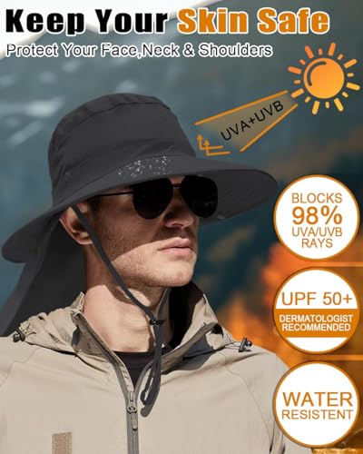 Outdoor Sun Hats with Stowable Neck Flap for Men Women UPF 50+ Mesh Summer Bucket Hat Wide Brim for Fishing Safari Hiking - color: Black