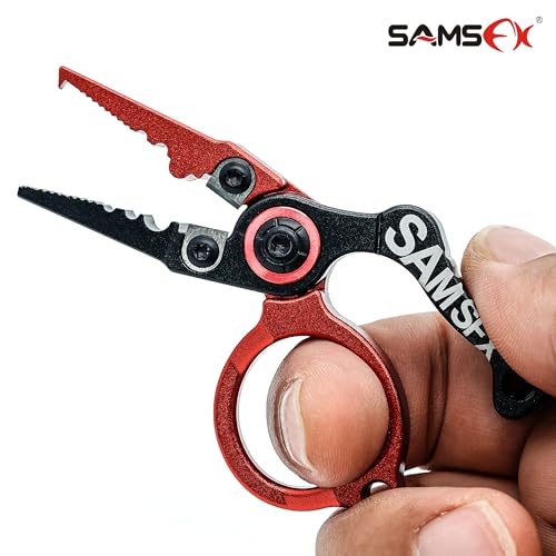 SAMSFX Mini Fishing Pliers with Fly Fishing Zinger Retractor, Fish Hook Remover Tool, Split Ring Pliers for Saltwater & Freshwater, Tungsten Carbide Cutters, Fishing Gear Gift for Anglers - color: Red