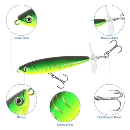 Whopper Fishing Lure for Bass：Popper Top Water Fishing Lures with Floating Rotating Tail Barb Treble Hooks Saltwater Freshwater Plopping Lures Kit - color: Blue Green