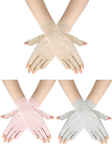 Sunblock Fingerless Gloves Non-slip UV Protection Driving Gloves Summer Outdoor Mittens for Women Girls - color: Light Gray, Light Pink, Beige