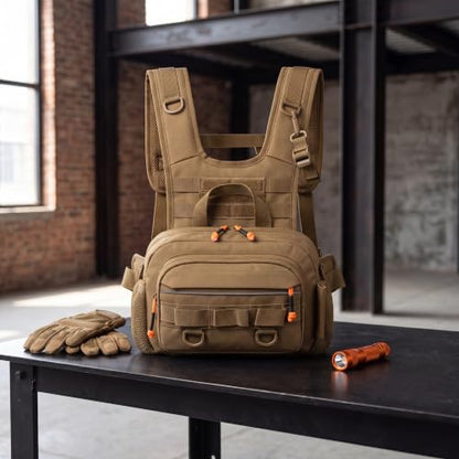 Fly Fishing Backpack Vest, Lightweight Nylon Tackle Chest Pack with Multiple Storage Pockets (Khaki)