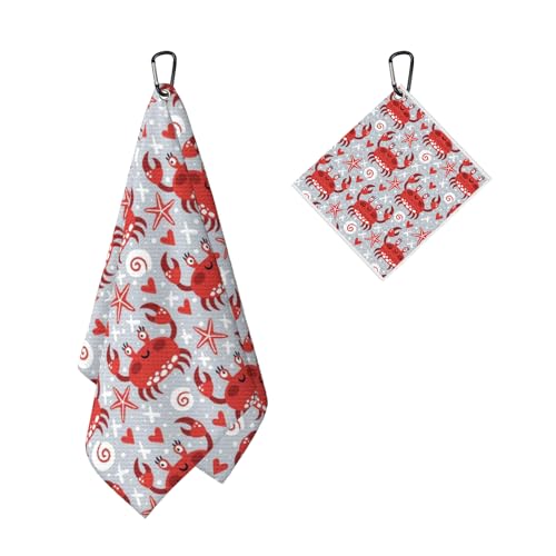 Cute Crabs Starfish Golf Towel for Golf Bags Carts Red Crab Golf Towels with Clip Funny Seafood Waffle Towels Cleaning Cloth 2 Packs for Men Golfer Accessories, Birthday Father's Day Present - color: Red Grey