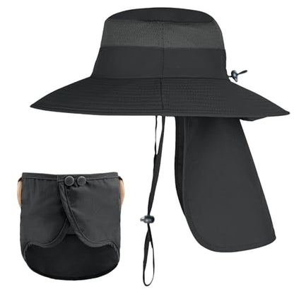 Sun Hats for Men Women Fishing Hat UPF 50+ Breathable Wide Brim Bucket Hats Summer UV Protection Safari Hat with Neck Flap - color: Black (With Face Cover)