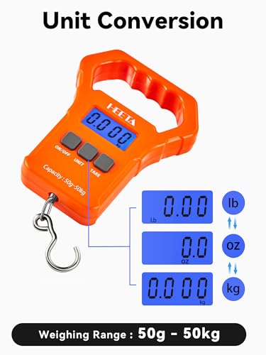 HEETA Fish Scale 110lb/50kg Digital Hanging Fishing Luggage Weight Scale | Portable with Backlit LCD Display, Hook & Non-Slip Large ABS Handle, Fishing Gifts Gear for Men, 2 AAA Batteries Included - color: Orange