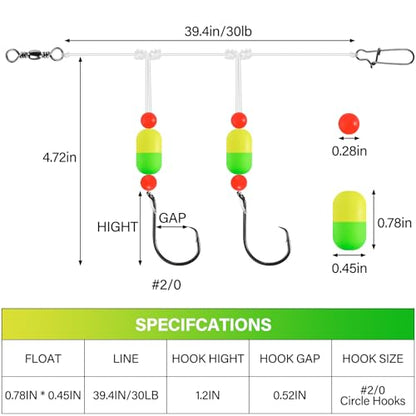 Alwonder 5-Pack Pompano Rigs Surf Fishing Rigs with Snell Floats, Saltwater Live Bait Rig Swivels Duo Lock Snaps Circle Wide Gap Kahle Hooks Rig for Beach Surf Casting Pier Jetty Fishing - color: Green & Yellow 5-Pack, size: #2/0 Circle Hook
