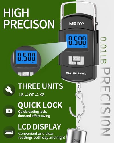 MEIYA Fish Scale 110lb/50kg Digital Fishing Scale with Backlit LCD, Portable Handle, Stainless Steel Hook & 2 AAA Batteries – Reliable Fishing Gear & Great Fishing Gifts for Men - color: Black