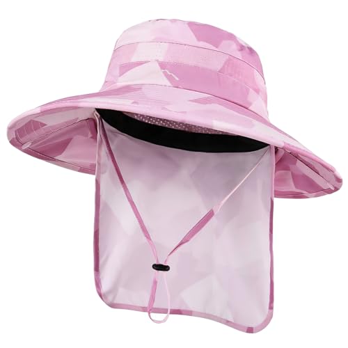 Sun Hats for Men Women, UPF50+ Protection Safari Hat,Wide Brim Fishing Hat with Neck Flap,Bucket Hats for Beach Hiking - color: Camopink
