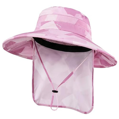 Sun Hats for Men Women, UPF50+ Protection Safari Hat,Wide Brim Fishing Hat with Neck Flap,Bucket Hats for Beach Hiking - color: Camopink