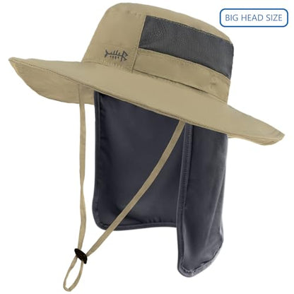 BASSDASH UPF 50+ Sun Fishing Hat Water Resistant with Detachable Neck Flap - color: Dark Khaki - Big Head Size