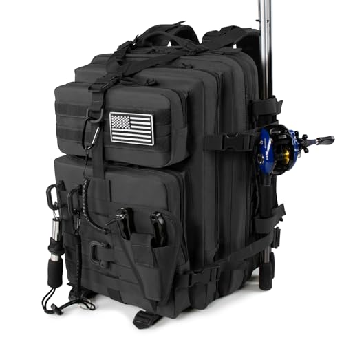 TBNBO 45l Large Fishing Tackle Backpack with Removable Plier Holder & Rod Holders, Fishing Gear and Tackle Box Organizer, Hiking Rucksack without Tackle Box,Black Tactical Bag - color: Black