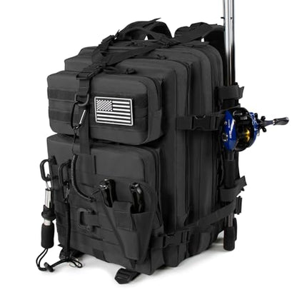 TBNBO 45l Large Fishing Tackle Backpack with Removable Plier Holder & Rod Holders, Fishing Gear and Tackle Box Organizer, Hiking Rucksack without Tackle Box,Black Tactical Bag - color: Black