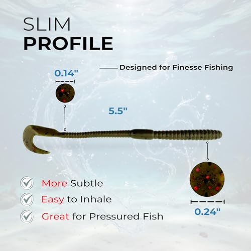 5.5" Pulse Slim Worm Soft Lure for Bass Fishing, Slim Profile Salt Infused Responsive Curl Tail with Ribbed Body & Reinforced Hook Section, 12 Pack - color: Chartreuse Green Pumpkin