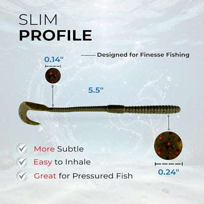 5.5" Pulse Slim Worm Soft Lure for Bass Fishing, Slim Profile Salt Infused Responsive Curl Tail with Ribbed Body & Reinforced Hook Section, 12 Pack - color: Junebug
