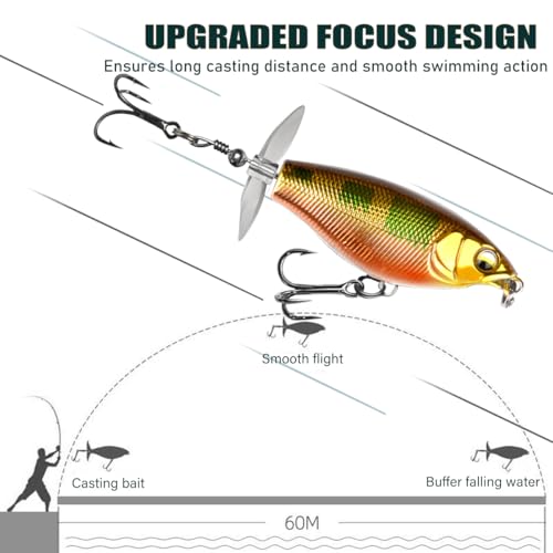 Topwater Fishing Lures with Floating Rotating Tail,Floating Lure for Bass Catfish, Water Fishing Lure for Freshwater or Saltwater, 5pcs with Storage Box.