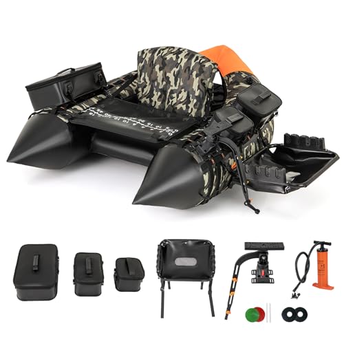 GYMAX Fishing Float Tube, Inflatable Belly Boat with Fish Finder Holder, Rod Rack, Fish Ruler, Manual Pump & Detachable Storage Boxes, Portable Backpack Float Tubes for Adults - color: Camouflage