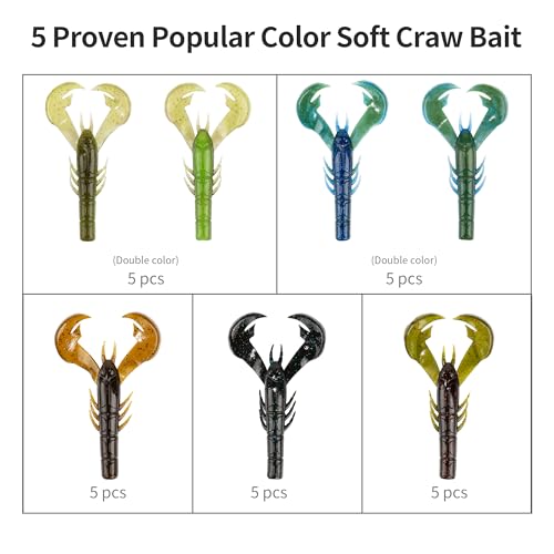 Soft Plastic Craw Baits 25-Pack, 4in Jig Trailer Creature Lures with Big Claws for Bass Fishing, Crawfish Soft Bait for Freshwater