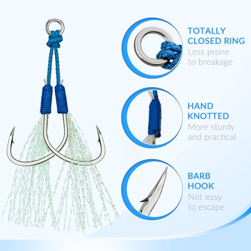 THKFISH Fishing Assist Hooks Saltwater Dancing Stinger Jigging Hooks Double Assist Replacement Fishing Hooks for Slow Pitch Jigs Vertical Jigging Lures 5pcs/15pcs/20pcs - color: blue, size: #4/0-15pcs