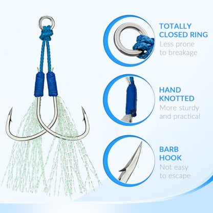 THKFISH Fishing Assist Hooks Saltwater Dancing Stinger Jigging Hooks Double Assist Replacement Fishing Hooks for Slow Pitch Jigs Vertical Jigging Lures 5pcs/15pcs/20pcs - color: blue, size: #4/0-15pcs
