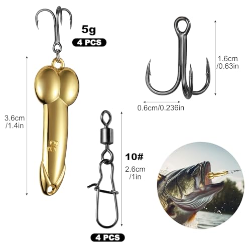 Realure 4Pcs Zinc Alloy Spoon Lures with Treble Hooks & Rolling Swivels,4 Weights 5g 10g 15g 20g Gold Silver Metal Spoon Fishing Tackle for Freshwater Lake Inshore Saltwater Bass Walleye Pike Trout - size: 5g 4Pcs