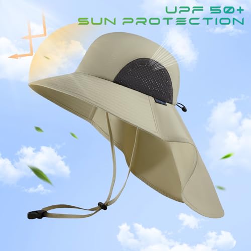 UPF 50+ Foldable Sun Hats Wide Brim with Large Neck Flap for Men Women UV Protection Gardening Fishing Beach Hat - color: Beige