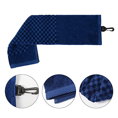 Cotton Golf Towel for Bag With Clip - Tri-fold Towel for Ball, Putter, Club Cleaning - Checkered Pattern Design (Dark Blue) - color: Dark Blue